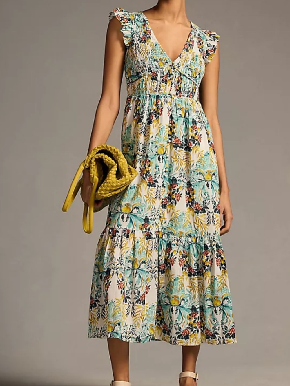 Anthropologie Peregrine Floral V-Neck Tiered Midi Dress in White, Yellow, Teal